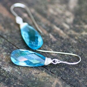 Wire Wrapped Swiss Blue Topaz Earrings Sterling Silver , December Birthstone